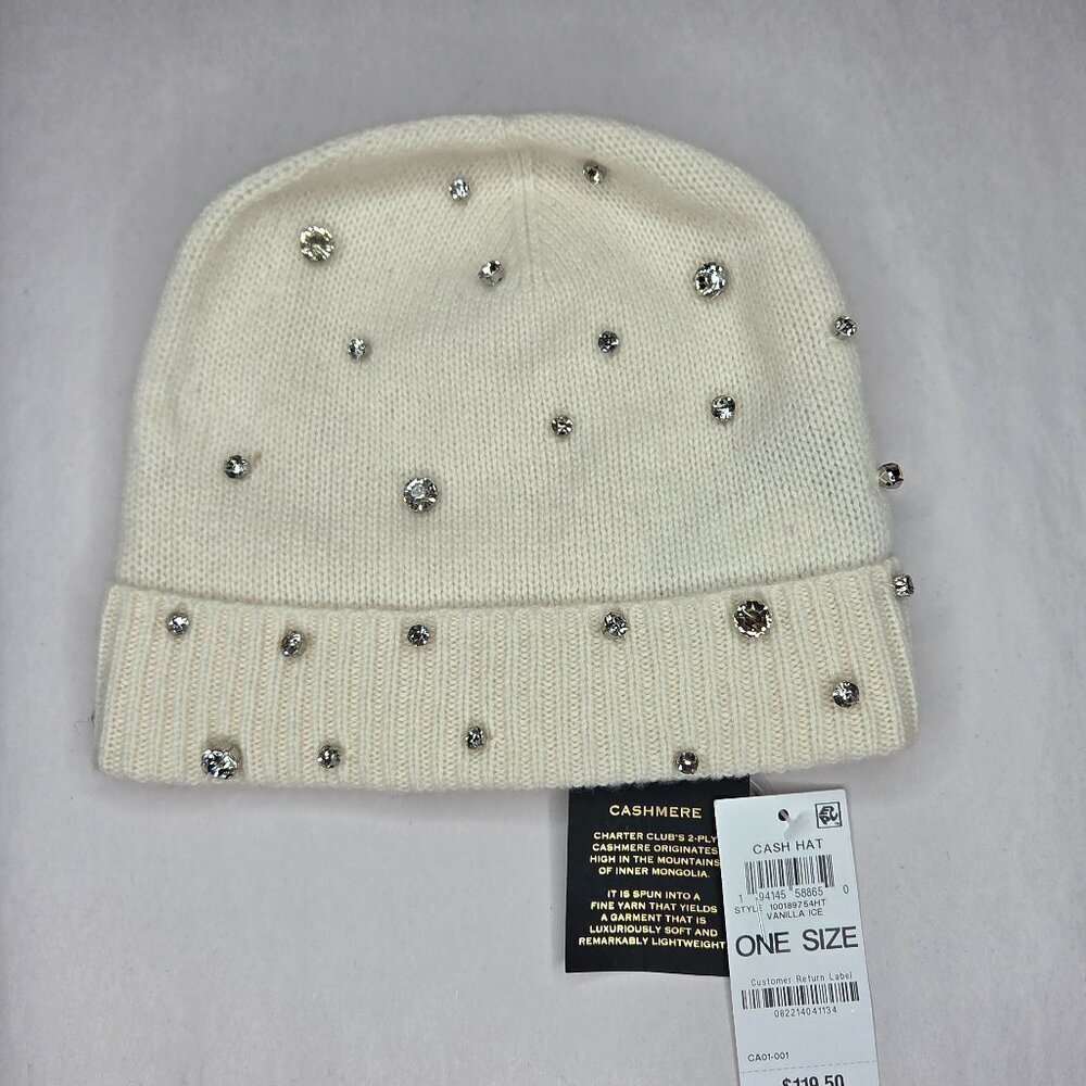 NWT Charter Club Women's Cashmere Crystal Embellished Vanilla Hat OS